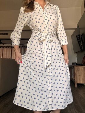 White and Blue Polka Dot Shirt Dress with Tie Waist